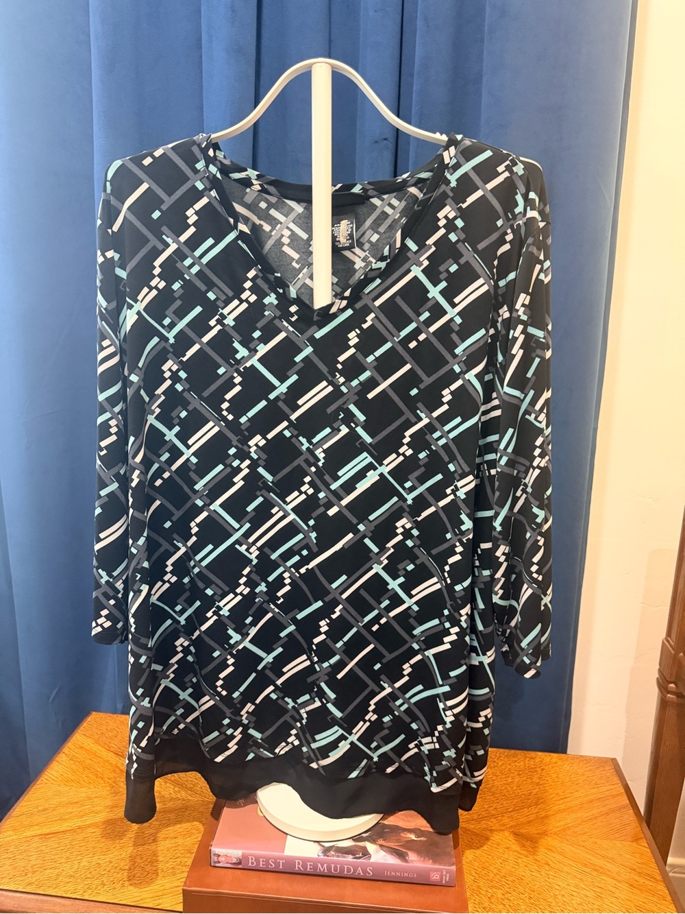 Catherines Black Geometric V-Neck Tunic with Aqua & White Accents